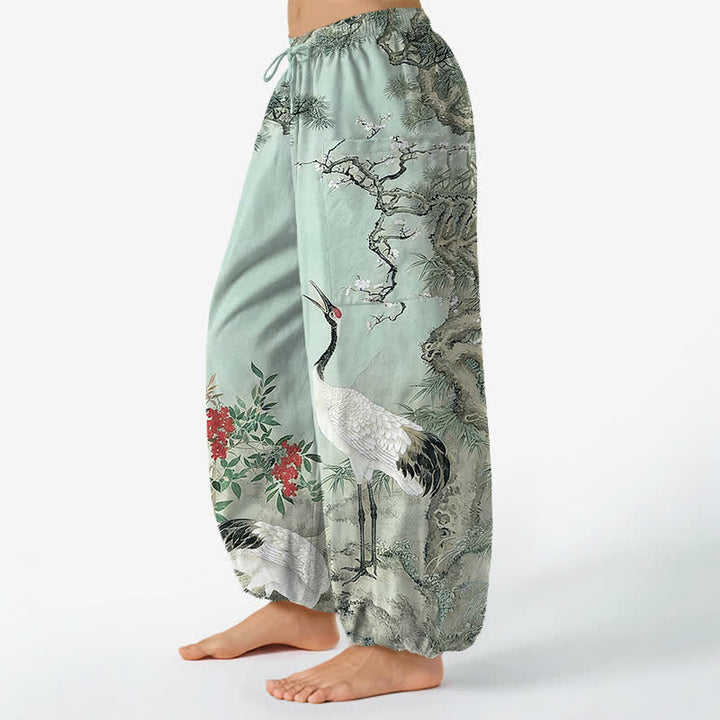 Buddha Stones Pantalones harem de algodón con estampado de grulla oriental y flores de pino para mujer, con cintura elástica y bolsillos laterales. - image 13