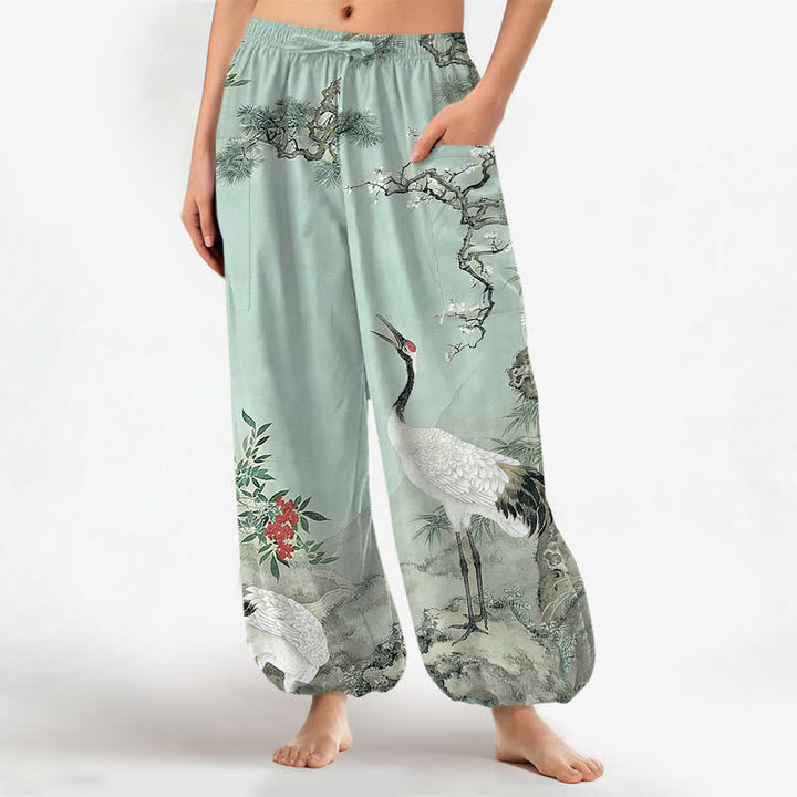 Buddha Stones Pantalones harem de algodón con estampado de grulla oriental y flores de pino para mujer, con cintura elástica y bolsillos laterales. - Turquesa pálido - US16，UK/AU20，EU48 (3XL) - image 12