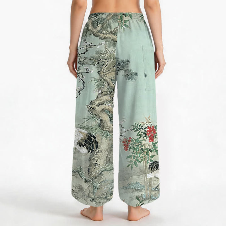 Buddha Stones Pantalones harem de algodón con estampado de grulla oriental y flores de pino para mujer, con cintura elástica y bolsillos laterales. - image 14