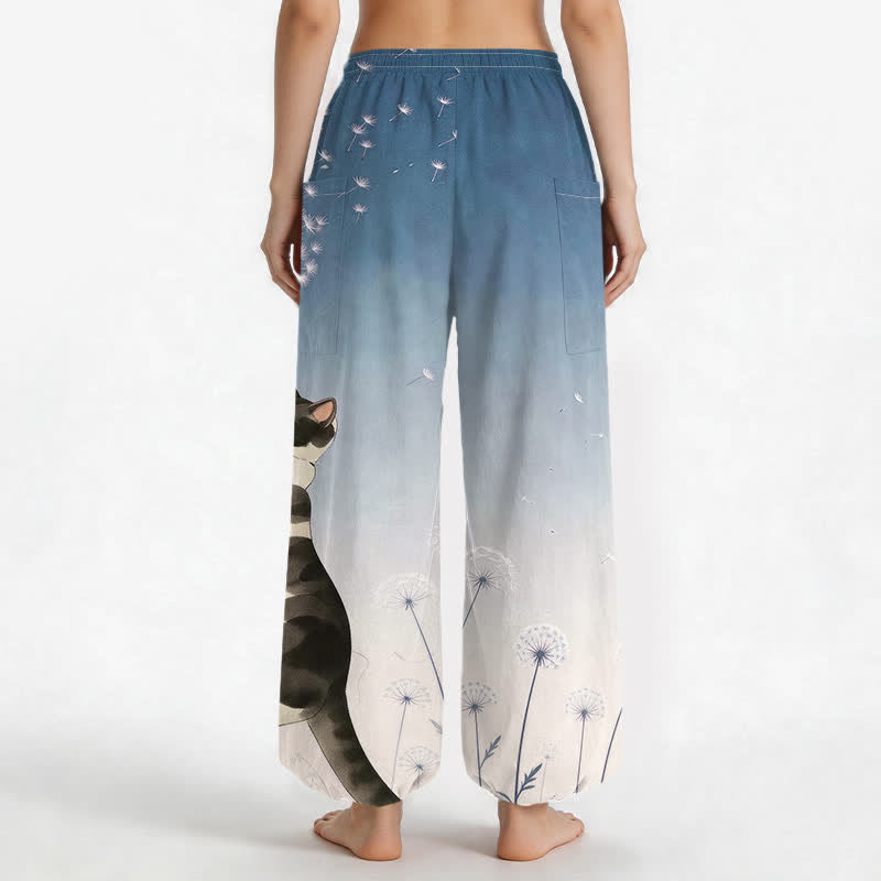 Buddha Stones Pantalones harem de algodón con estampado de vaca, gato y diente de león para mujer, con cintura elástica y bolsillos laterales. - image 2