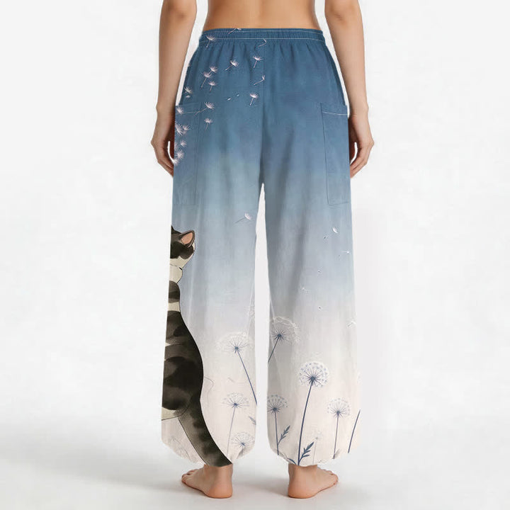 Buddha Stones Pantalones harem de algodón con estampado de vaca, gato y diente de león para mujer, con cintura elástica y bolsillos laterales. - image 2