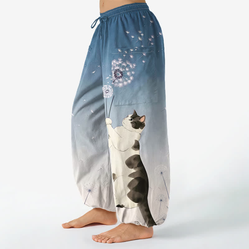 Buddha Stones Pantalones harem de algodón con estampado de vaca, gato y diente de león para mujer, con cintura elástica y bolsillos laterales. - image 1