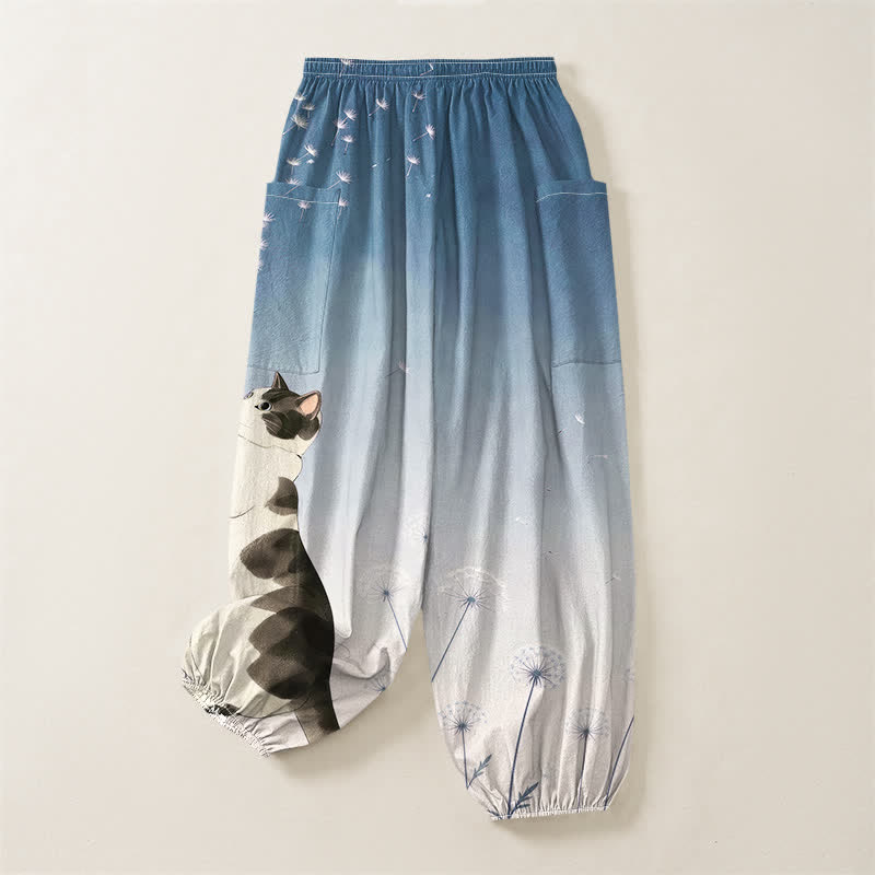 Buddha Stones Pantalones harem de algodón con estampado de vaca, gato y diente de león para mujer, con cintura elástica y bolsillos laterales. - image 4