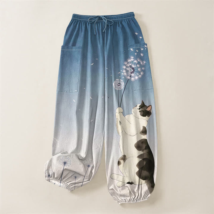 Buddha Stones Pantalones harem de algodón con estampado de vaca, gato y diente de león para mujer, con cintura elástica y bolsillos laterales. - image 3