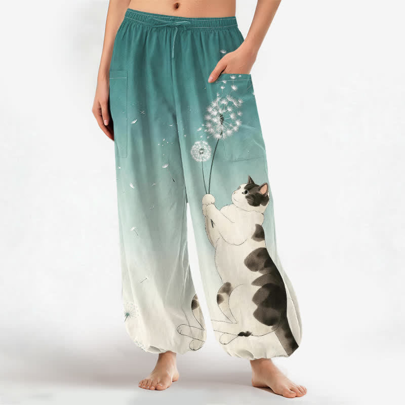Buddha Stones Pantalones harem de algodón con estampado de vaca, gato y diente de león para mujer, con cintura elástica y bolsillos laterales. - Verde azulado - US16，UK/AU20，EU48 (3XL) - image 7