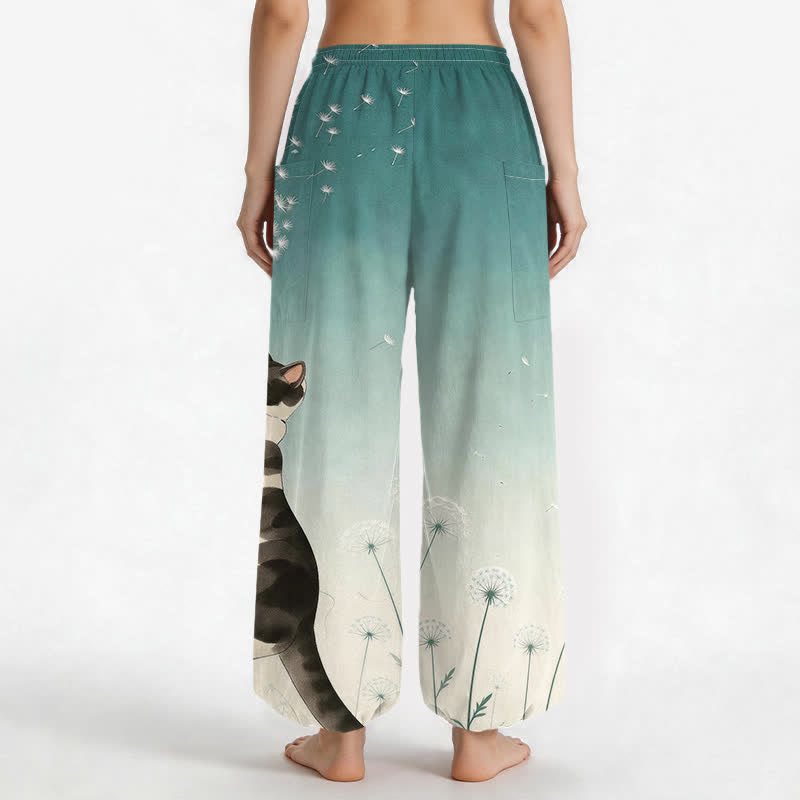 Buddha Stones Pantalones harem de algodón con estampado de vaca, gato y diente de león para mujer, con cintura elástica y bolsillos laterales. - image 9