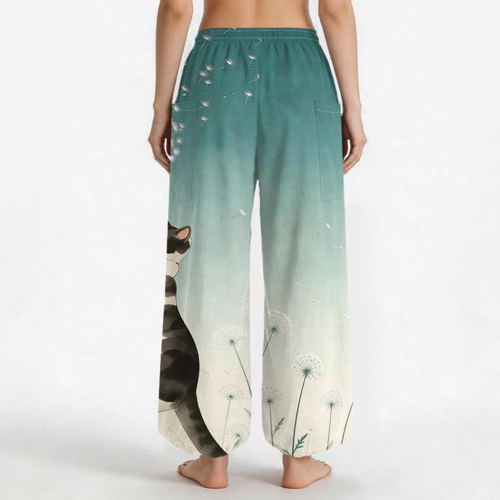 Buddha Stones Pantalones harem de algodón con estampado de vaca, gato y diente de león para mujer, con cintura elástica y bolsillos laterales. - image 9