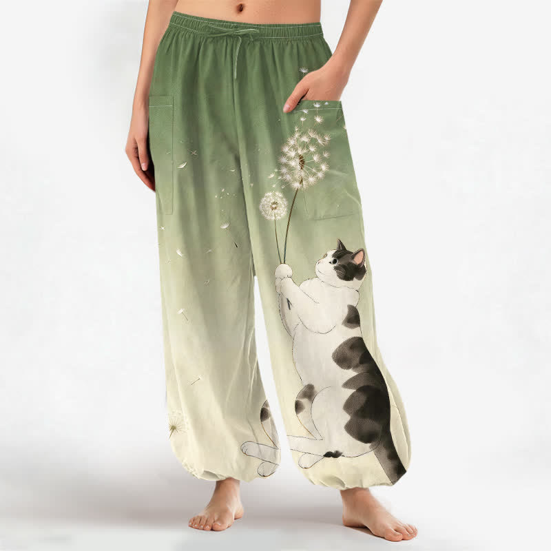 Buddha Stones Pantalones harem de algodón con estampado de vaca, gato y diente de león para mujer, con cintura elástica y bolsillos laterales. - Verde oliva - US16，UK/AU20，EU48 (3XL) - image 10