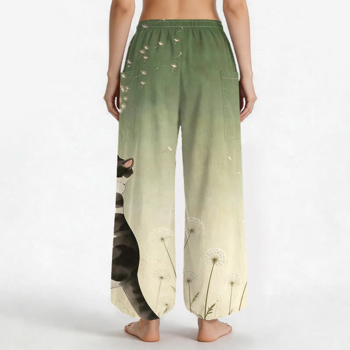 Buddha Stones Pantalones harem de algodón con estampado de vaca, gato y diente de león para mujer, con cintura elástica y bolsillos laterales. - image 12