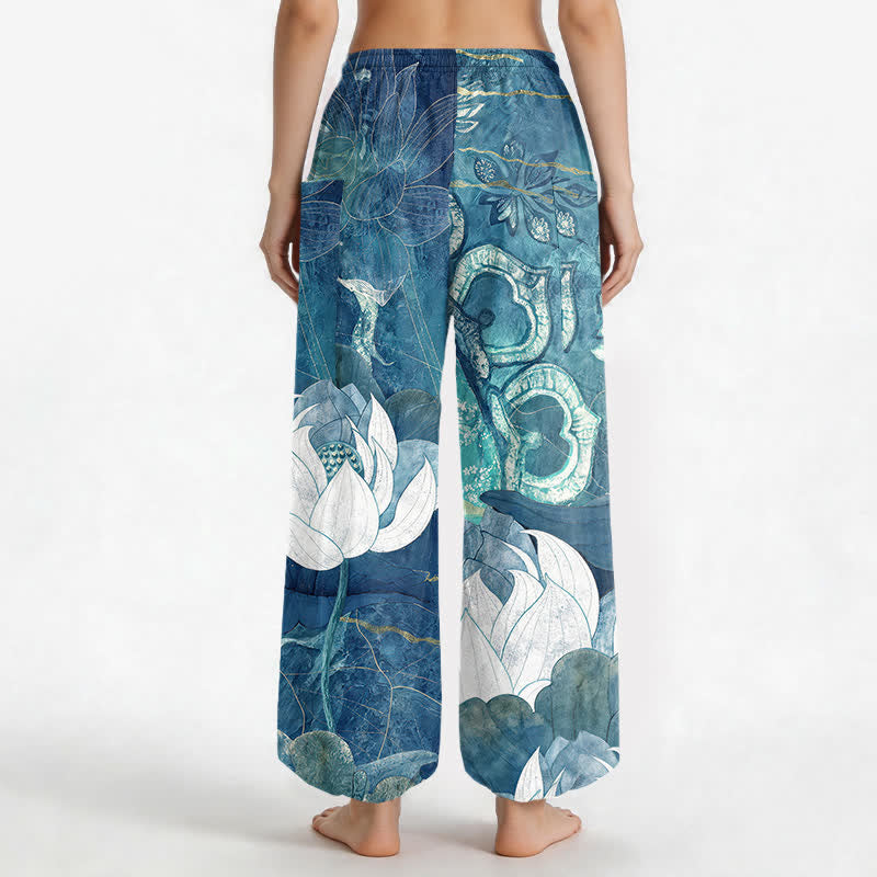 Buddha Stones Pantalones harem de algodón blanco con estampado de hojas de loto para mujer, cintura elástica y bolsillos laterales. - image 9