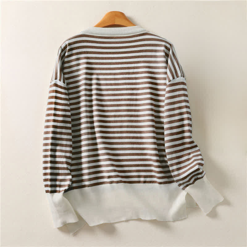 Buddha Stones Conjunto de punto de manga larga para mujer, estilo casual vintage con cuello redondo y rayas, ideal para otoño e invierno. - image 1