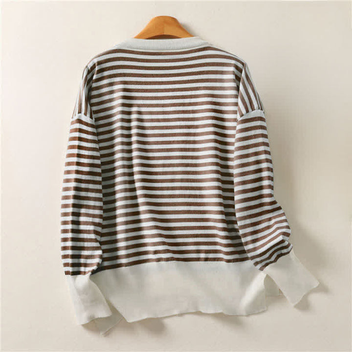 Buddha Stones Conjunto de punto de manga larga para mujer, estilo casual vintage con cuello redondo y rayas, ideal para otoño e invierno. - image 1