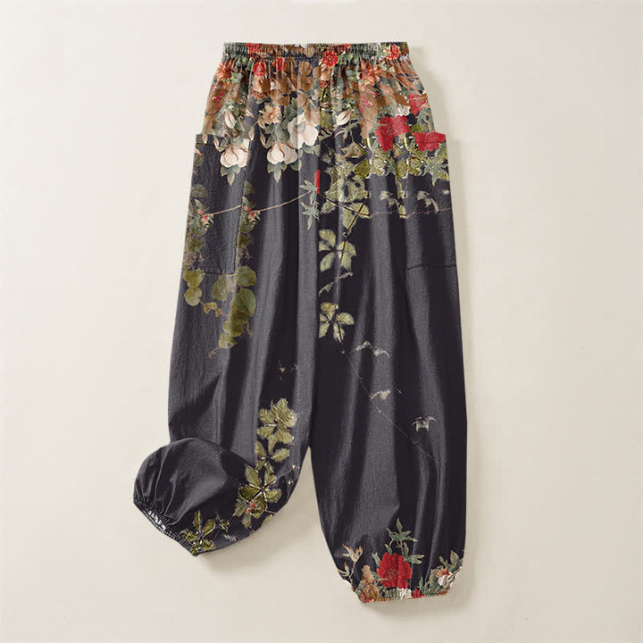 Buddha Stones Pantalones harem de algodón vintage con estampado de peonías rojas y cintura elástica para mujer, con bolsillos laterales. - image 3