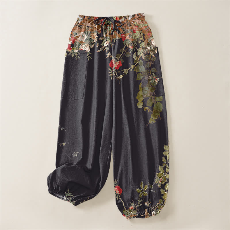 Buddha Stones Pantalones harem de algodón vintage con estampado de peonías rojas y cintura elástica para mujer, con bolsillos laterales. - image 4