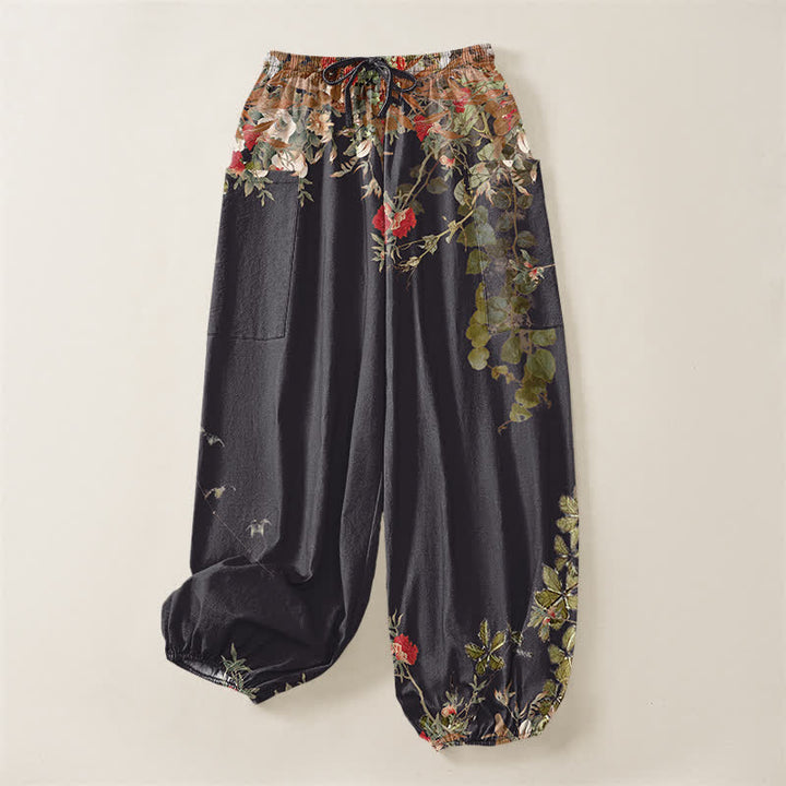 Buddha Stones Pantalones harem de algodón vintage con estampado de peonías rojas y cintura elástica para mujer, con bolsillos laterales. - image 4