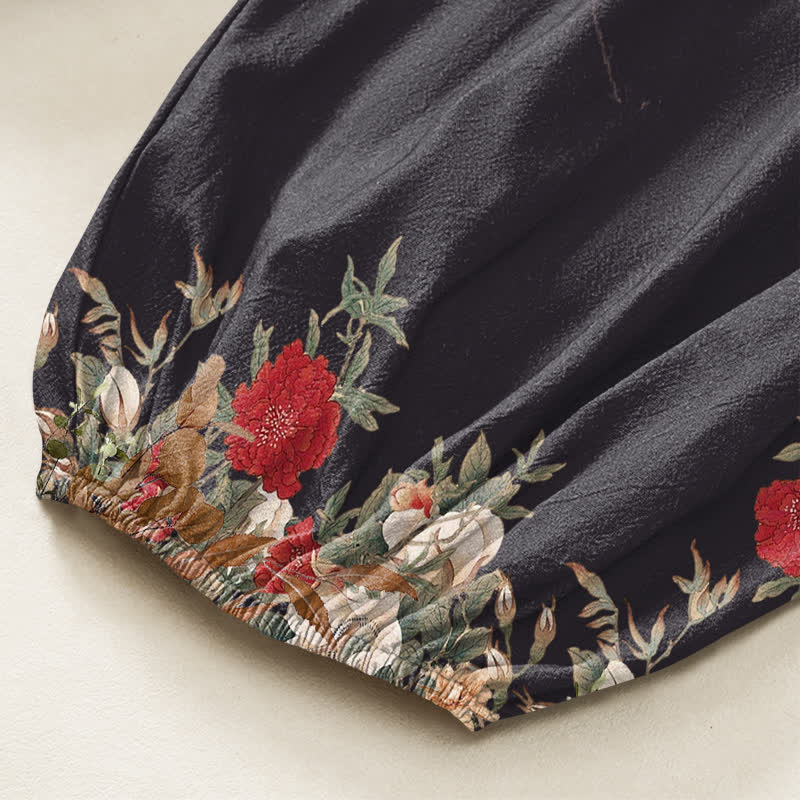 Buddha Stones Pantalones harem de algodón vintage con estampado de peonías rojas y cintura elástica para mujer, con bolsillos laterales. - image 7