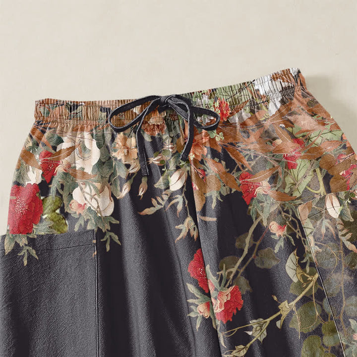 Buddha Stones Pantalones harem de algodón vintage con estampado de peonías rojas y cintura elástica para mujer, con bolsillos laterales. - image 5