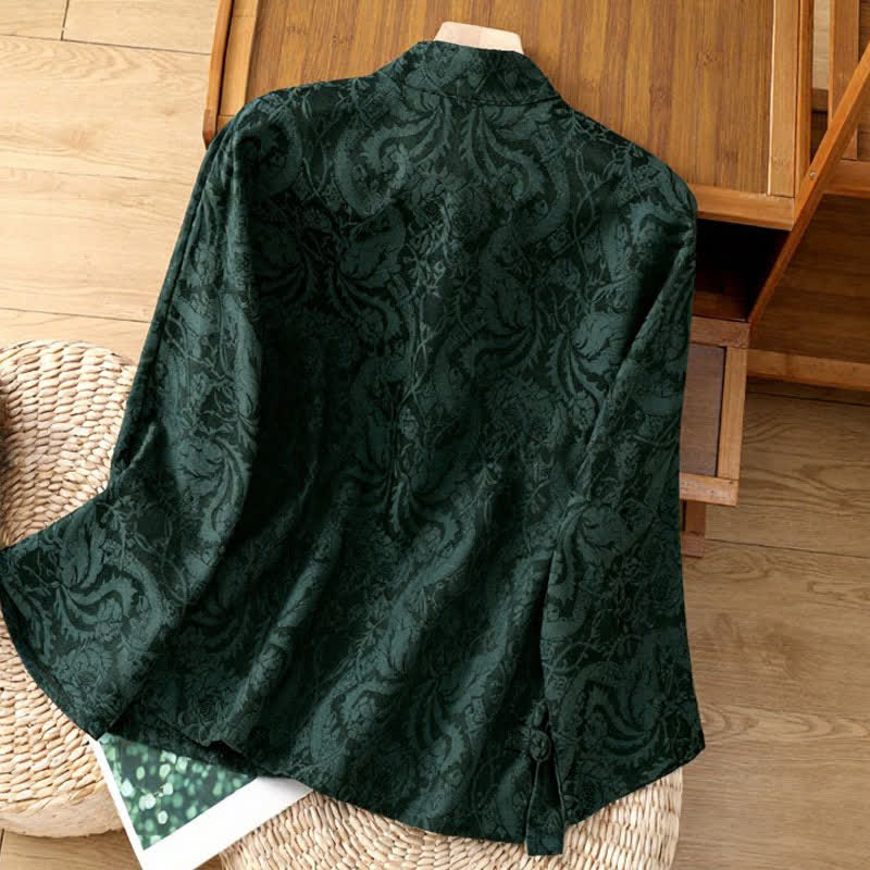 Buddha Stones Camisas de manga larga para mujer con cuello mandarín y estampado floral Pankou, estilo Tang elegante para otoño. - image 1
