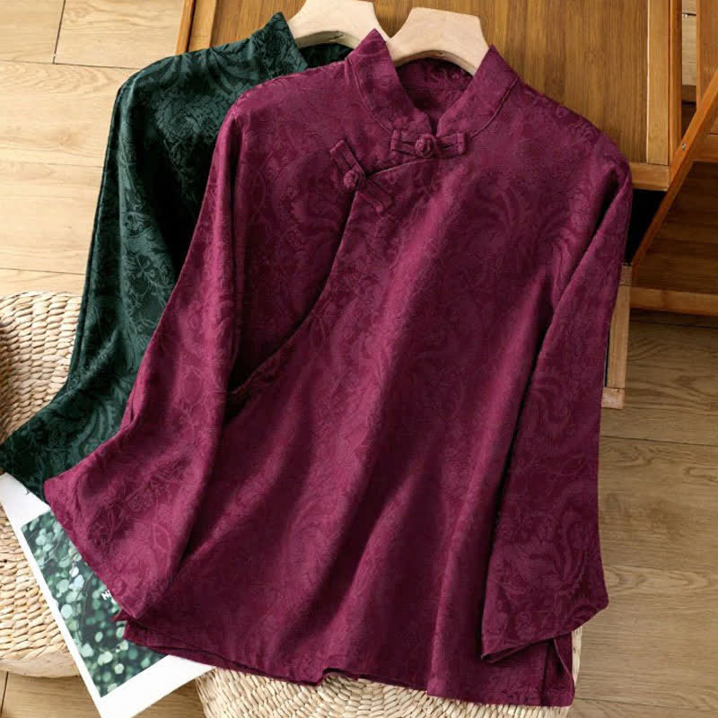 Buddha Stones Camisas de manga larga para mujer con cuello mandarín y estampado floral Pankou, estilo Tang elegante para otoño. - image 12