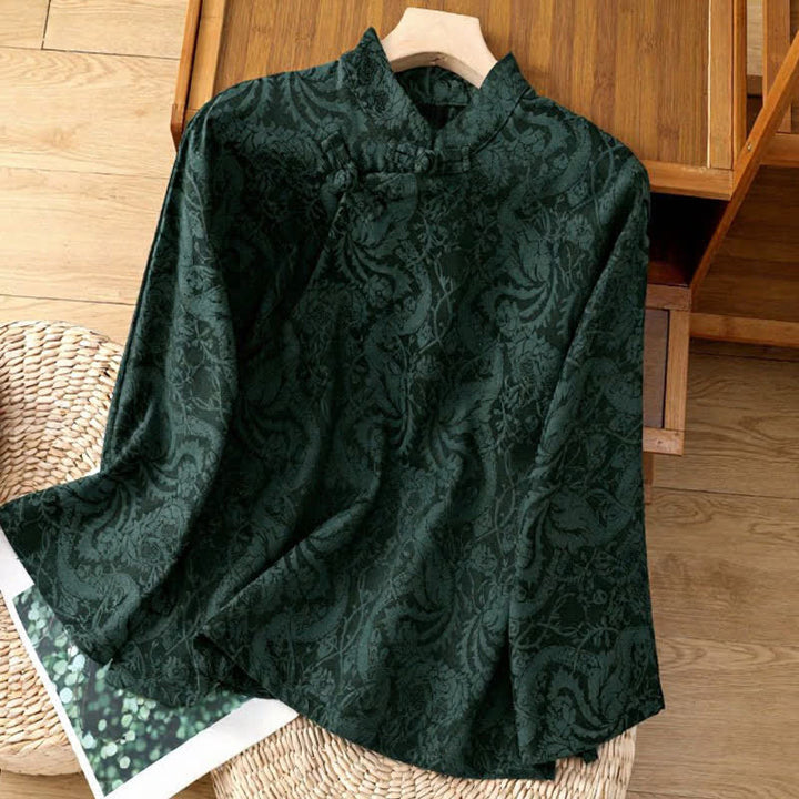 Buddha Stones Camisas de manga larga para mujer con cuello mandarín y estampado floral Pankou, estilo Tang elegante para otoño. - Verde oscuro - US6, UK/AU10, EU38 (XL) - image 0