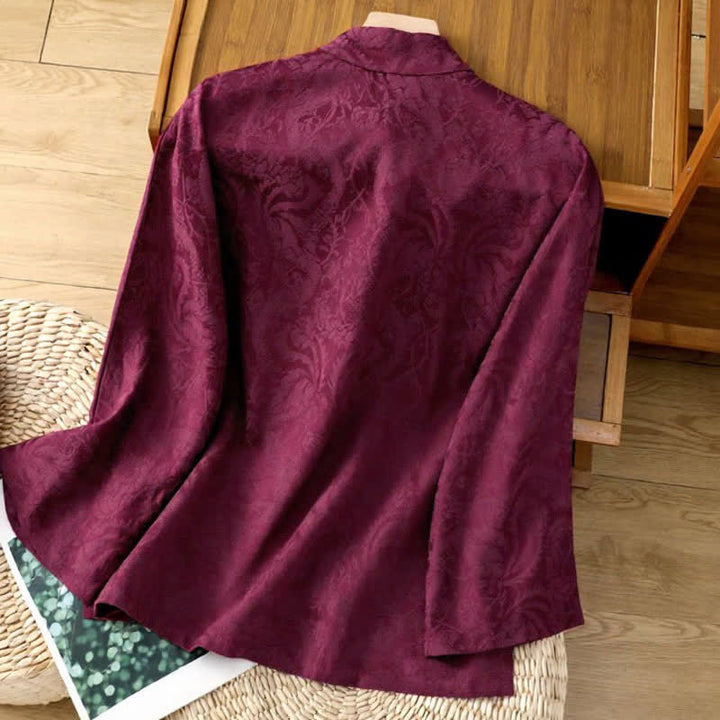 Buddha Stones Camisas de manga larga para mujer con cuello mandarín y estampado floral Pankou, estilo Tang elegante para otoño. - image 6