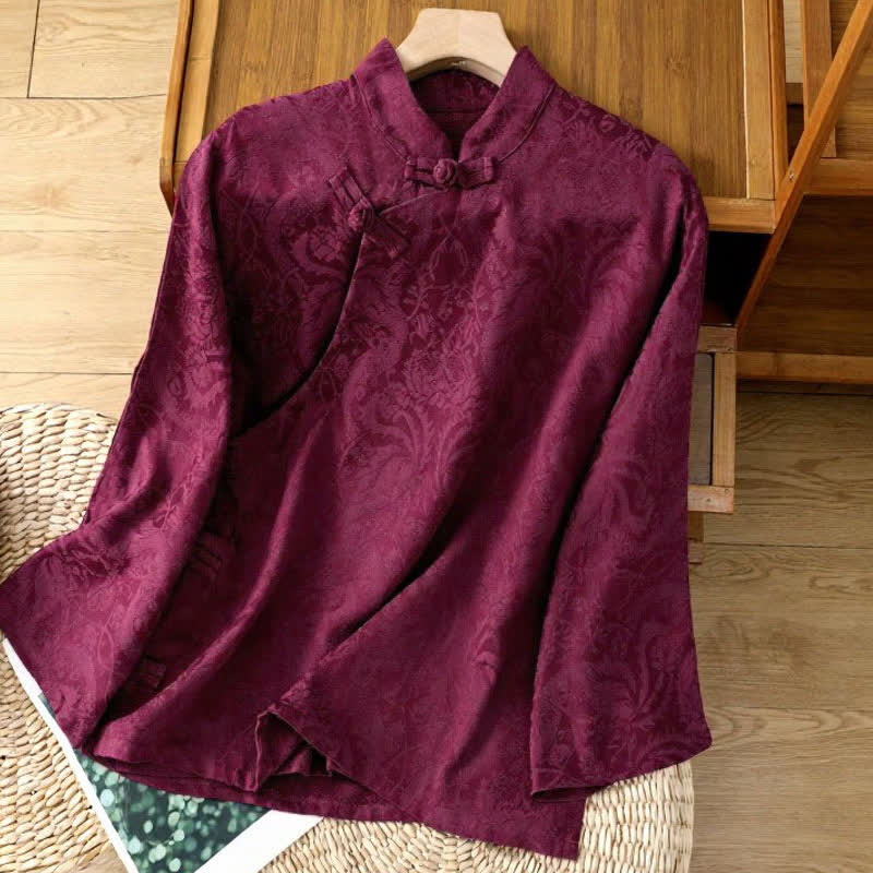 Buddha Stones Camisas de manga larga para mujer con cuello mandarín y estampado floral Pankou, estilo Tang elegante para otoño. - Rojo oscuro - US6, UK/AU10, EU38 (XL) - image 5
