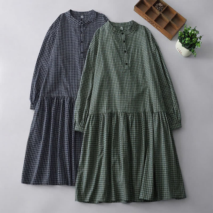 Buddha Stones Vestido de manga larga a cuadros estilo vintage informal de otoño para mujer - image 15