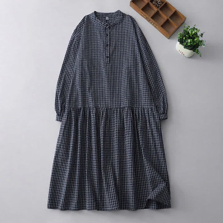 Buddha Stones Vestido de manga larga a cuadros estilo vintage informal de otoño para mujer - Marina de guerra - US8-10, UK/AU12-14, EU40-42 (2XL) - image 10