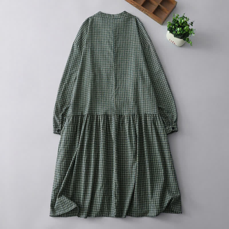 Buddha Stones Vestido de manga larga a cuadros estilo vintage informal de otoño para mujer - image 1