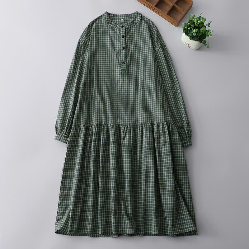 Buddha Stones Vestido de manga larga a cuadros estilo vintage informal de otoño para mujer - Verde mar oscuro - US8-10, UK/AU12-14, EU40-42 (2XL) - image 0
