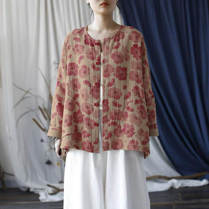 Buddha Stones Chaqueta de mujer rosa elegante de estilo retro con botones y estampado floral, ideal para primavera. - image 2