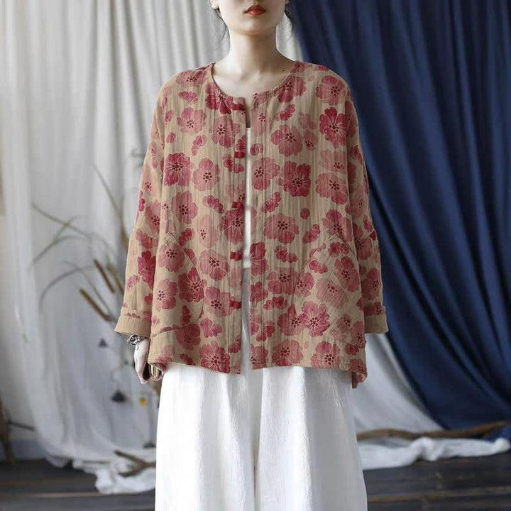 Buddha Stones Chaqueta de mujer rosa elegante de estilo retro con botones y estampado floral, ideal para primavera. - image 2