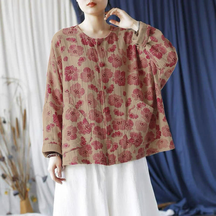 Buddha Stones Chaqueta de mujer rosa elegante de estilo retro con botones y estampado floral, ideal para primavera. - image 1
