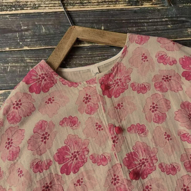 Buddha Stones Chaqueta de mujer rosa elegante de estilo retro con botones y estampado floral, ideal para primavera. - image 6