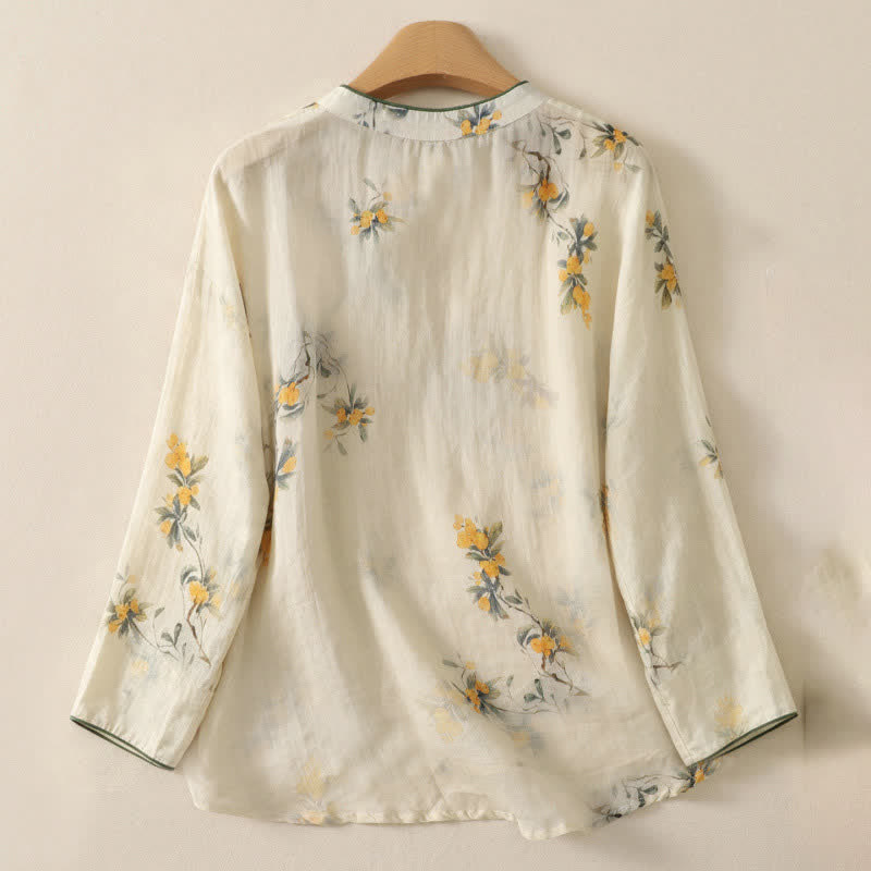 Buddha Stones Camisa de manga larga para mujer estilo Spring Tang vintage con cuello mandarín y botones de rana, estampado floral amarillo níspero. - image 1