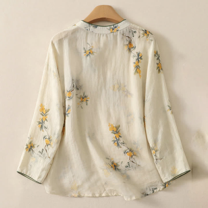 Buddha Stones Camisa de manga larga para mujer estilo Spring Tang vintage con cuello mandarín y botones de rana, estampado floral amarillo níspero. - image 1