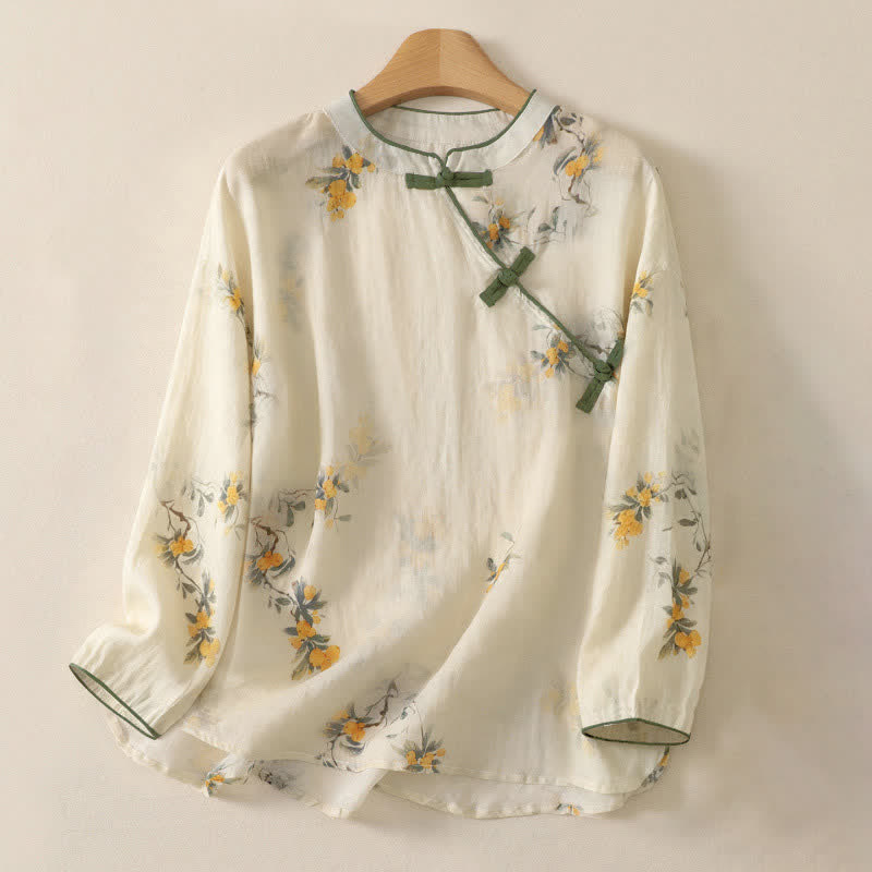 Buddha Stones Camisa de manga larga para mujer estilo Spring Tang vintage con cuello mandarín y botones de rana, estampado floral amarillo níspero. - Blanco antiguo - US8-10, UK/AU12-14, EU40-42 (2XL) - image 0