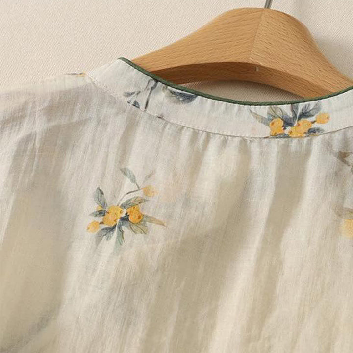 Buddha Stones Camisa de manga larga para mujer estilo Spring Tang vintage con cuello mandarín y botones de rana, estampado floral amarillo níspero. - image 3