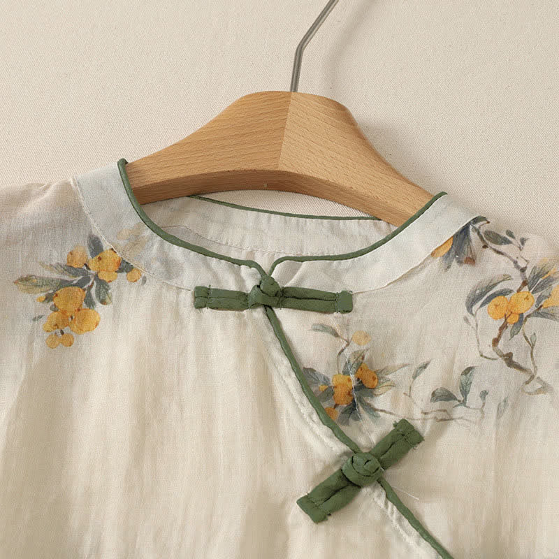 Buddha Stones Camisa de manga larga para mujer estilo Spring Tang vintage con cuello mandarín y botones de rana, estampado floral amarillo níspero. - image 2