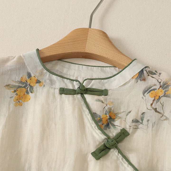 Buddha Stones Camisa de manga larga para mujer estilo Spring Tang vintage con cuello mandarín y botones de rana, estampado floral amarillo níspero. - image 2