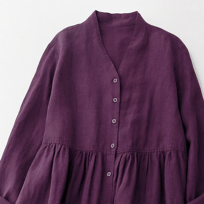 Buddha Stones Vestido morado de manga larga con botones y bolsillos, estilo casual de otoño para mujer. - image 2