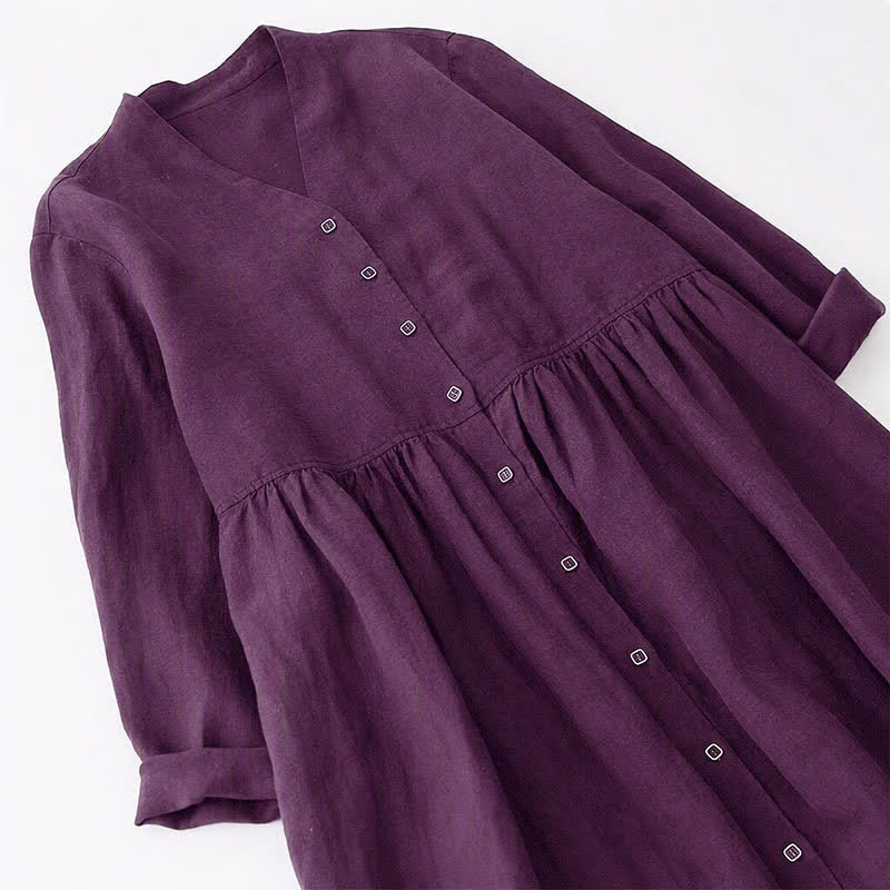 Buddha Stones Vestido morado de manga larga con botones y bolsillos, estilo casual de otoño para mujer. - image 3