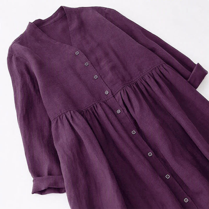 Buddha Stones Vestido morado de manga larga con botones y bolsillos, estilo casual de otoño para mujer. - image 3