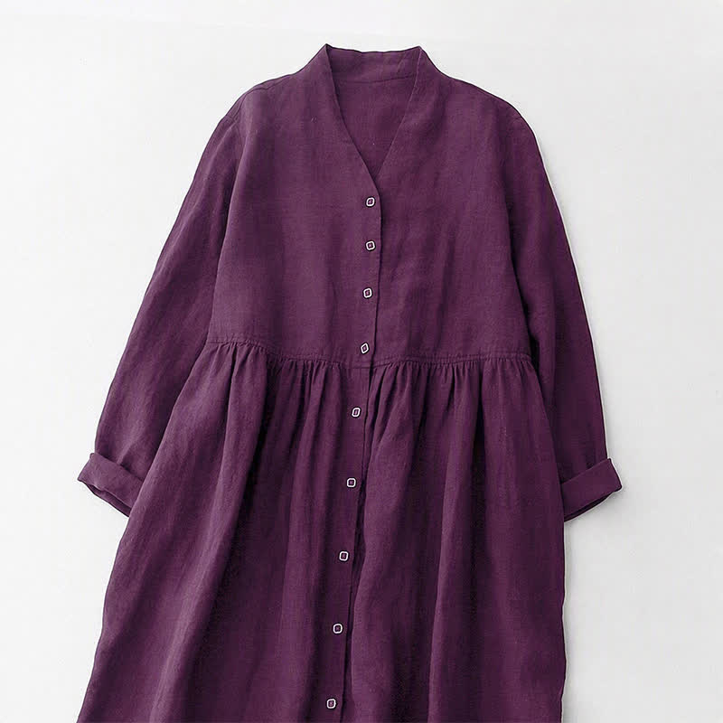 Buddha Stones Vestido morado de manga larga con botones y bolsillos, estilo casual de otoño para mujer. - image 4