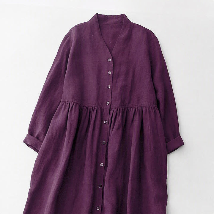 Buddha Stones Vestido morado de manga larga con botones y bolsillos, estilo casual de otoño para mujer. - image 4