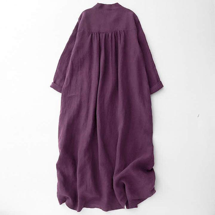 Buddha Stones Vestido morado de manga larga con botones y bolsillos, estilo casual de otoño para mujer. - image 1