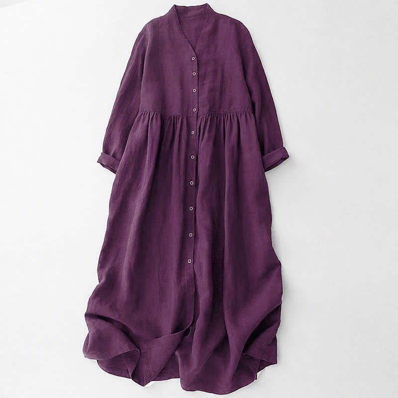 Buddha Stones Vestido morado de manga larga con botones y bolsillos, estilo casual de otoño para mujer. - Púrpura - US8-10, UK/AU12-14, EU40-42 (2XL) - image 0