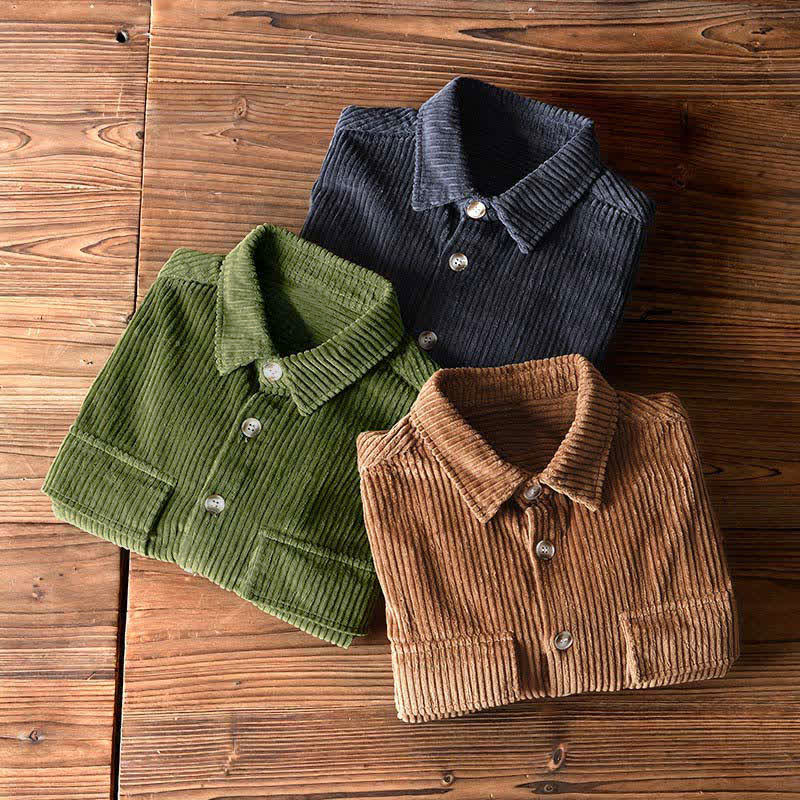 Buddha Stones Chaquetas de hombre de pana de algodón liso con botones, estilo vintage, para otoño/invierno, con bolsillo. - image 19