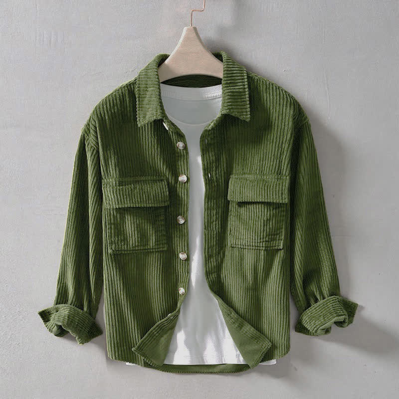 Buddha Stones Chaquetas de hombre de pana de algodón liso con botones, estilo vintage, para otoño/invierno, con bolsillo. - Verde oliva - US/UK/AU36, EU46 (L) - image 7