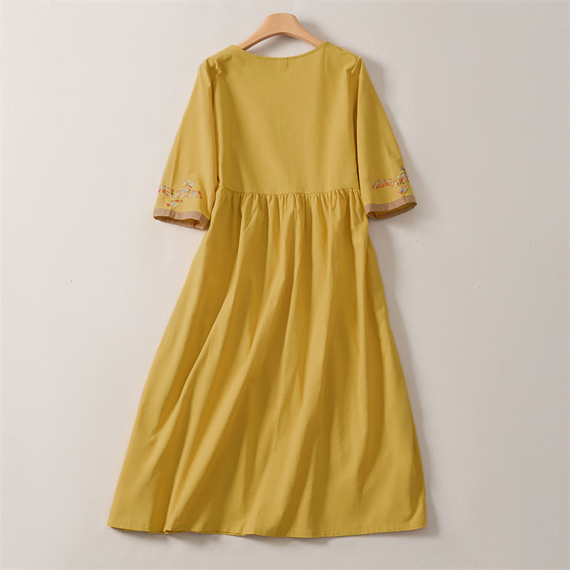 Vestido midi de manga corta para mujer con bordado étnico de Buddha Stones y estampado de primavera. - image 8